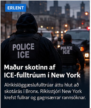 Myndskreyting við grein: Maður skotinn í aðgerð ICE í New York – krafist svara